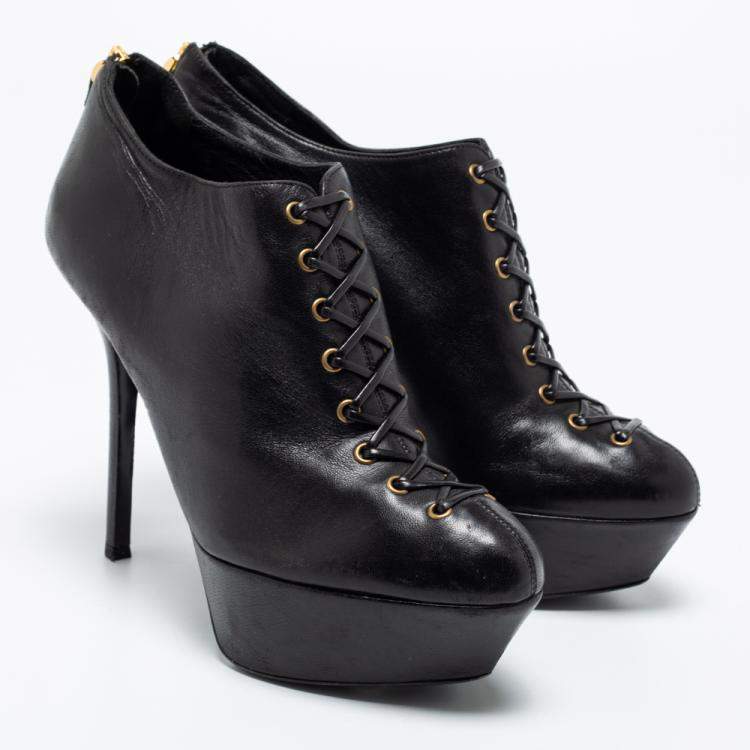 Pre Owned Sergio Rossi Black Leather Lace-Up Platform Booties Size 37