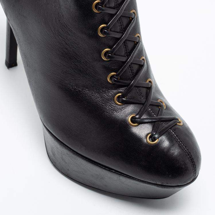 Pre Owned Sergio Rossi Black Leather Lace-Up Platform Booties Size 37