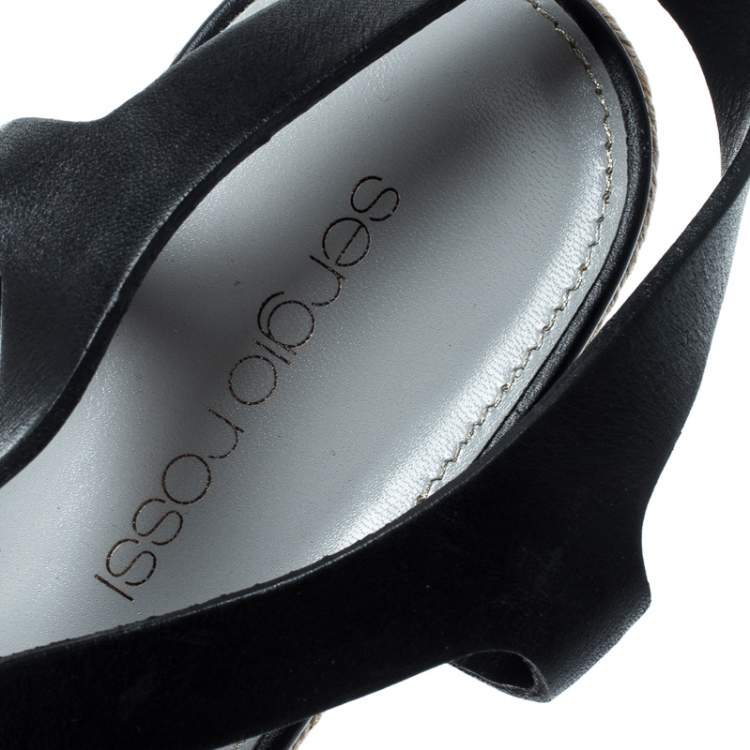 Pre Owned Sergio Rossi Black Leather Ankle Strap Wedge Sandals Size 36.5