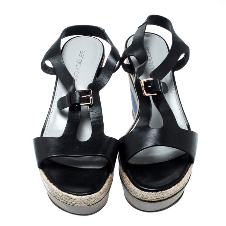 Pre Owned Sergio Rossi Black Leather Ankle Strap Wedge Sandals Size 36.5