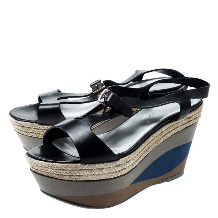 Pre Owned Sergio Rossi Black Leather Ankle Strap Wedge Sandals Size 36.5