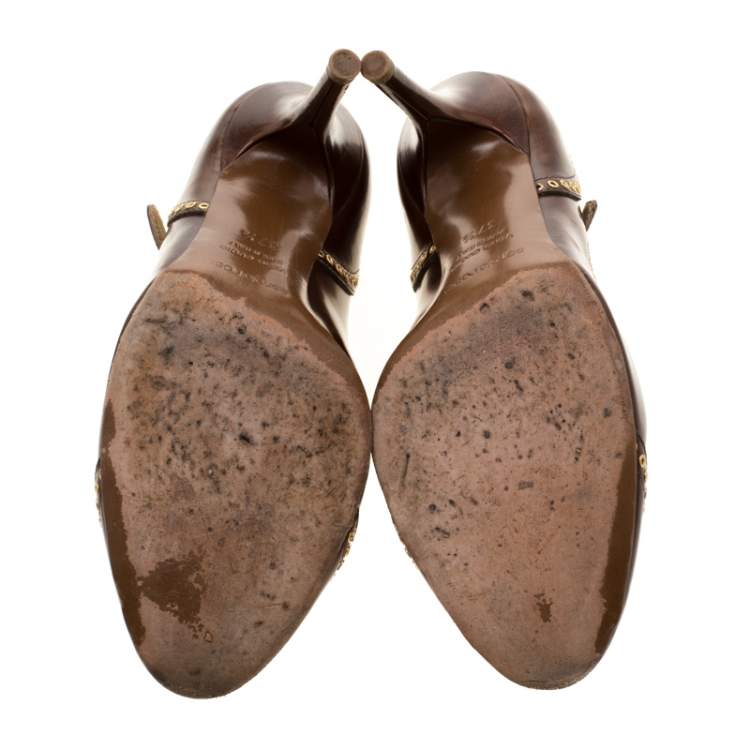 Pre Owned Sergio Rossi Brown Leather Eyelets Strap Pumps Size 37.5