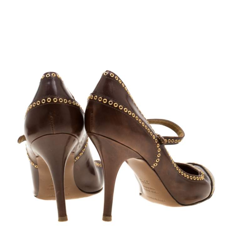 Pre Owned Sergio Rossi Brown Leather Eyelets Strap Pumps Size 37.5