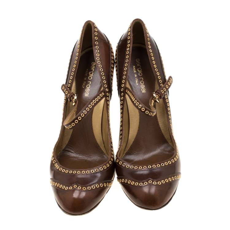Pre Owned Sergio Rossi Brown Leather Eyelets Strap Pumps Size 37.5