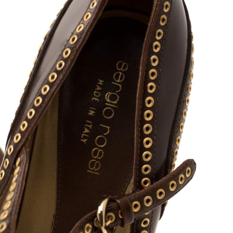 Pre Owned Sergio Rossi Brown Leather Eyelets Strap Pumps Size 37.5
