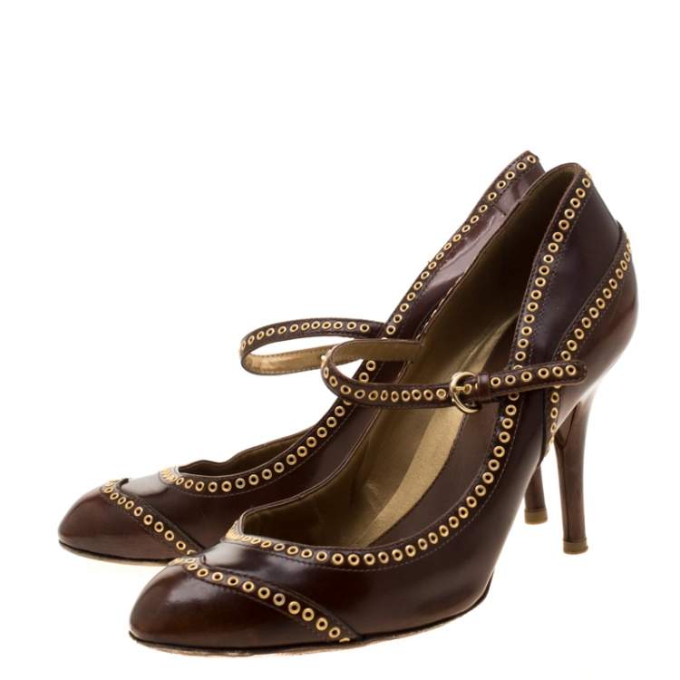 Pre Owned Sergio Rossi Brown Leather Eyelets Strap Pumps Size 37.5