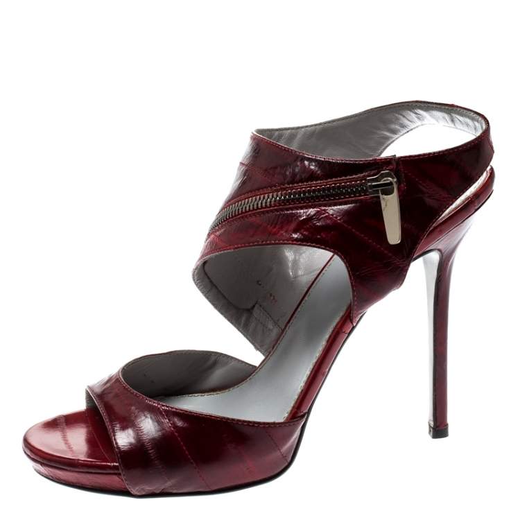 Pre Owned Sergio Rossi Red Eel Skin Peep Toe Ankle Strap Sandals Size 40