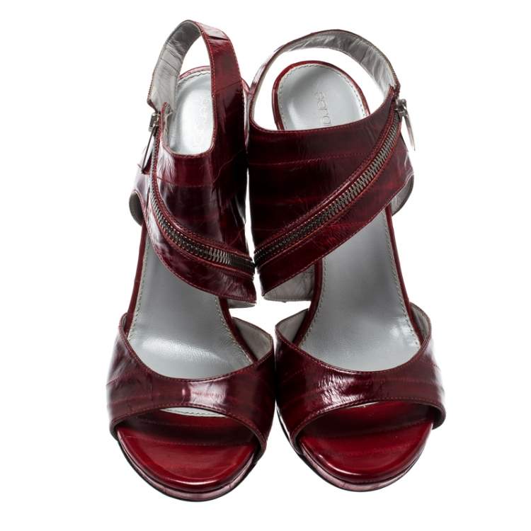 Pre Owned Sergio Rossi Red Eel Skin Peep Toe Ankle Strap Sandals Size 40