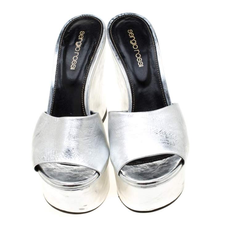 Pre Owned Sergio Rossi Metallic Silver Leather Lakeesha Wedge Slides Size 37.5