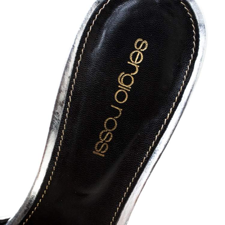 Pre Owned Sergio Rossi Metallic Silver Leather Lakeesha Wedge Slides Size 37.5