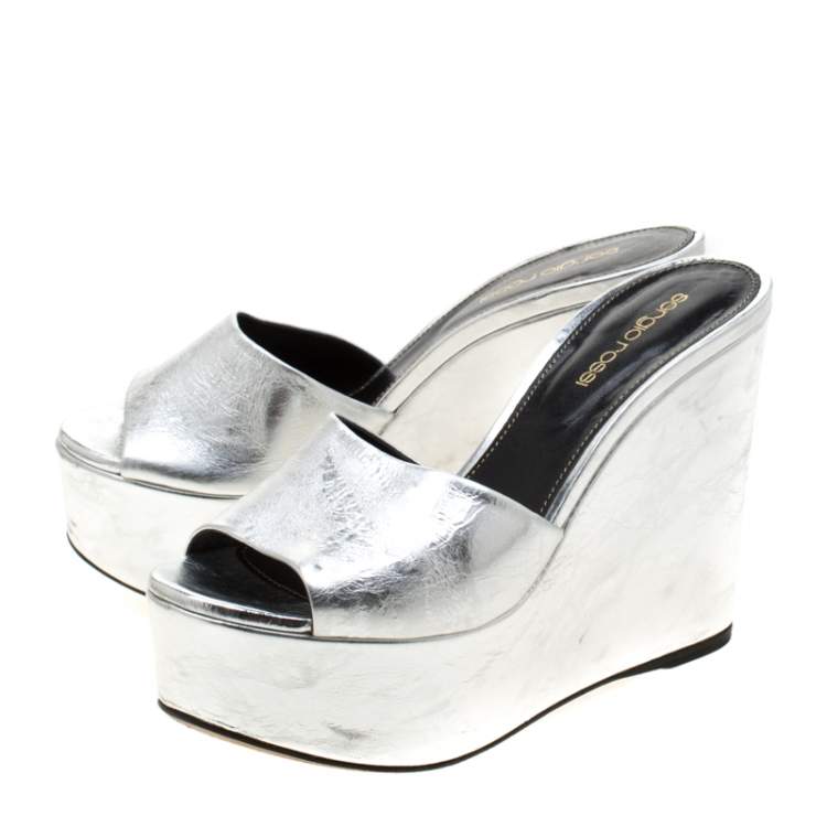 Pre Owned Sergio Rossi Metallic Silver Leather Lakeesha Wedge Slides Size 37.5