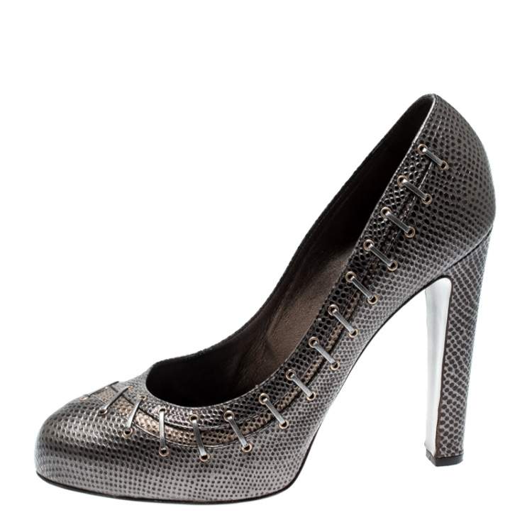 Pre Owned Sergio Rossi Metallic Grey Textured Leather Pumps Size 40