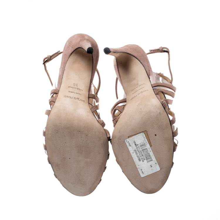 Pre Owned Sergio Rossi Beige Suede Leather Fringe Slingback Sandals Size 38