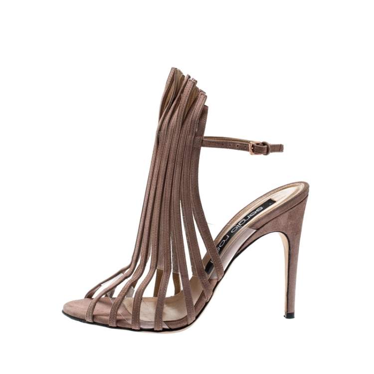 Pre Owned Sergio Rossi Beige Suede Leather Fringe Slingback Sandals Size 38