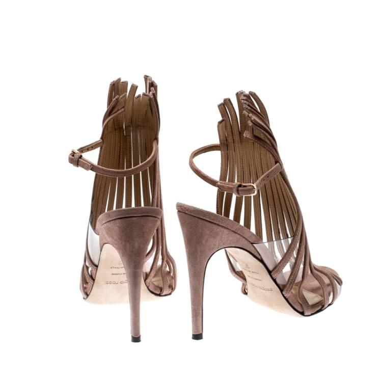 Pre Owned Sergio Rossi Beige Suede Leather Fringe Slingback Sandals Size 38