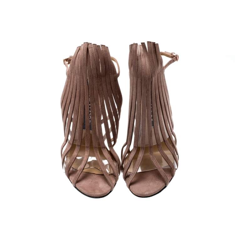 Pre Owned Sergio Rossi Beige Suede Leather Fringe Slingback Sandals Size 38