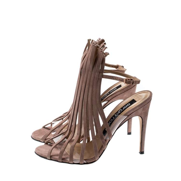 Pre Owned Sergio Rossi Beige Suede Leather Fringe Slingback Sandals Size 38