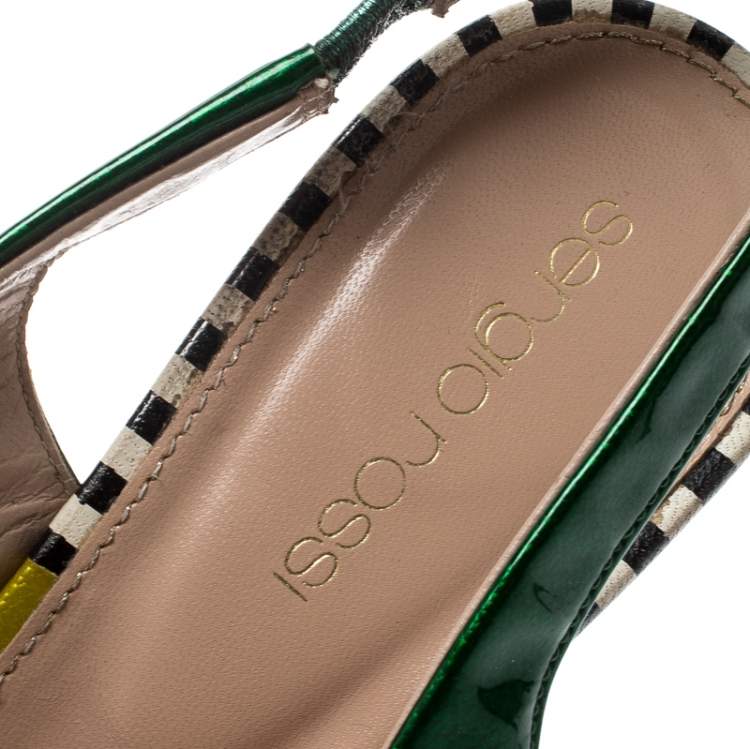 Pre Owned Sergio Rossi Green Patent Leather Peep Toe Slingback Sandals Size 37