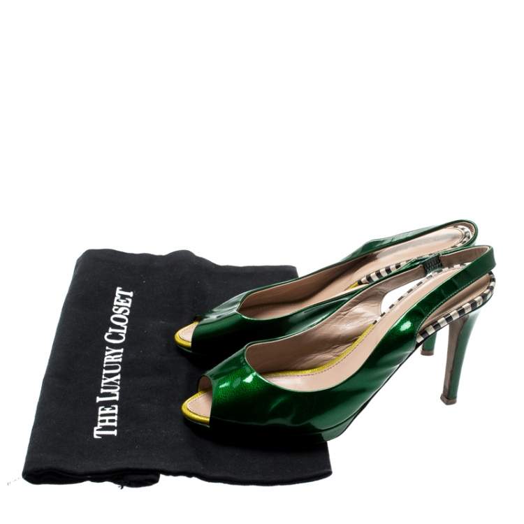 Pre Owned Sergio Rossi Green Patent Leather Peep Toe Slingback Sandals Size 37