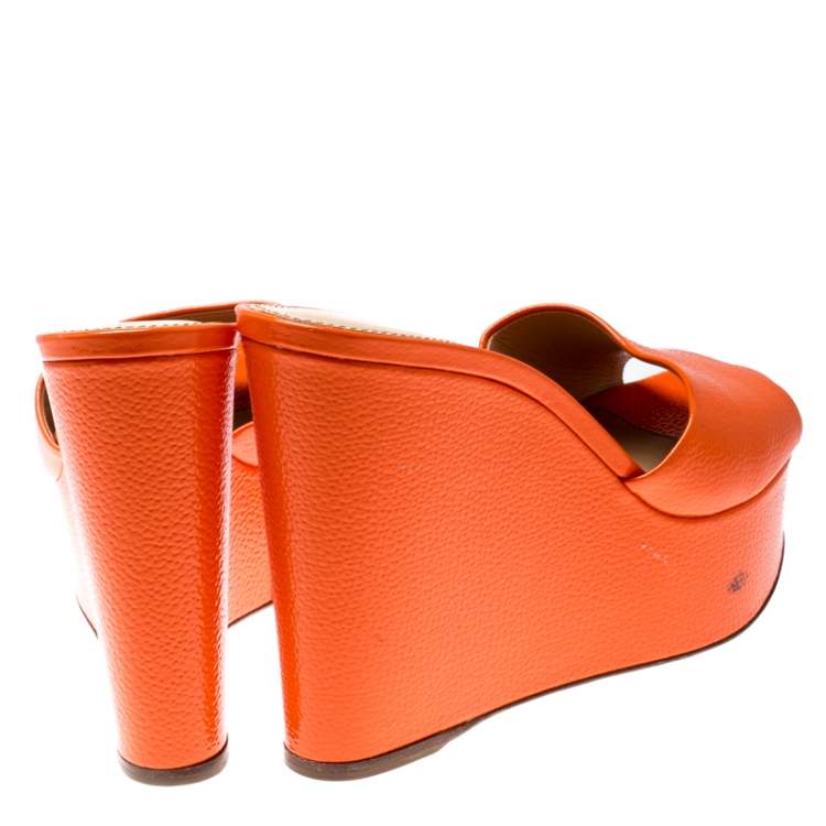 Pre Owned Sergio Rossi Orange Textured Patent Leather Lakeesha Wedge Slides Size 39.5
