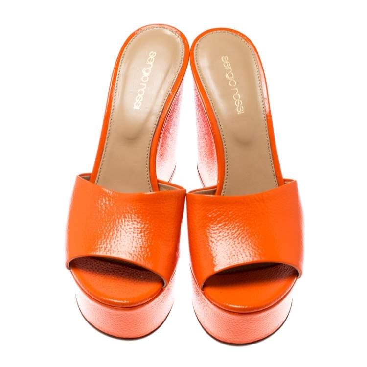 Pre Owned Sergio Rossi Orange Textured Patent Leather Lakeesha Wedge Slides Size 39.5