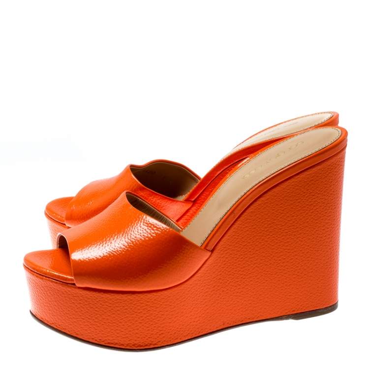 Pre Owned Sergio Rossi Orange Textured Patent Leather Lakeesha Wedge Slides Size 39.5