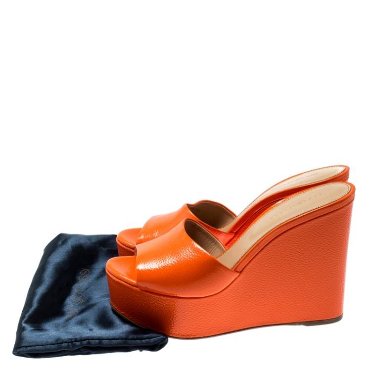 Pre Owned Sergio Rossi Orange Textured Patent Leather Lakeesha Wedge Slides Size 39.5