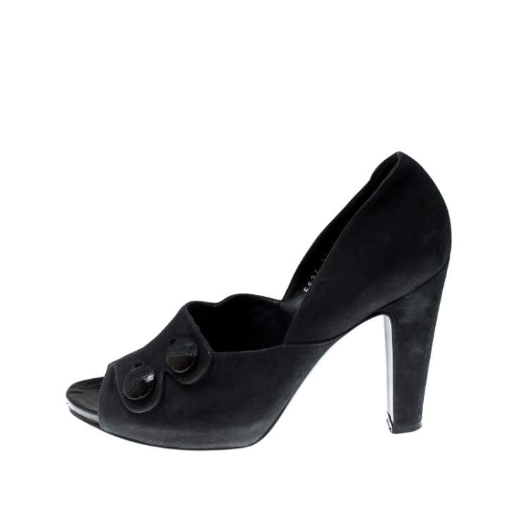 Pre Owned Sergio Rossi Black Suede Button Peep Toe Pumps Size 39