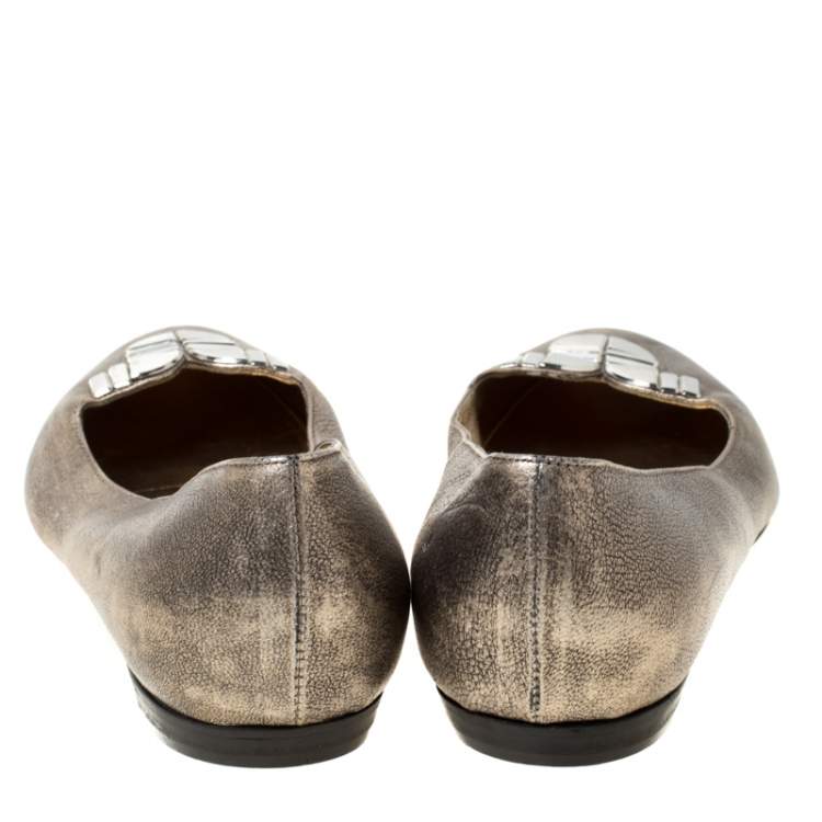 Pre Owned Sergio Rossi Metallic Silver Leather Ballet Flats Size 39
