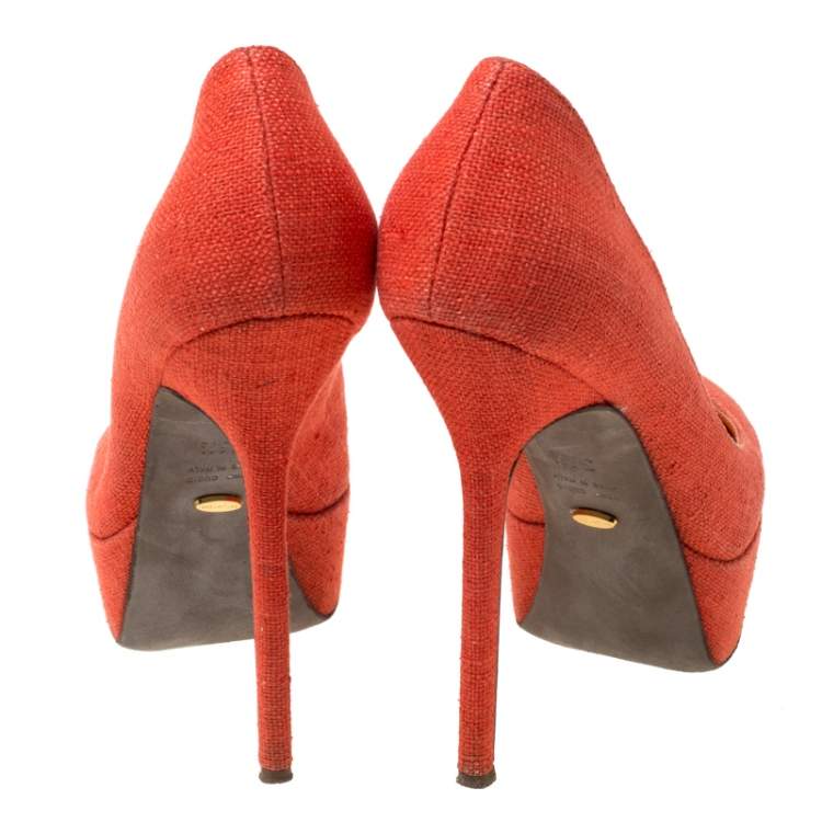 Pre Owned Sergio Rossi Orange Canvas Platform Pumps Size 36.5