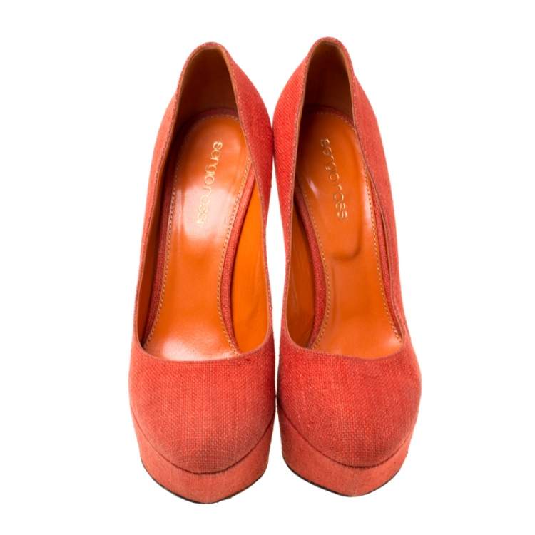 Pre Owned Sergio Rossi Orange Canvas Platform Pumps Size 36.5