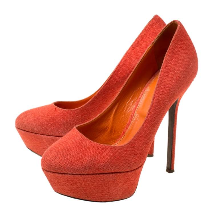 Pre Owned Sergio Rossi Orange Canvas Platform Pumps Size 36.5