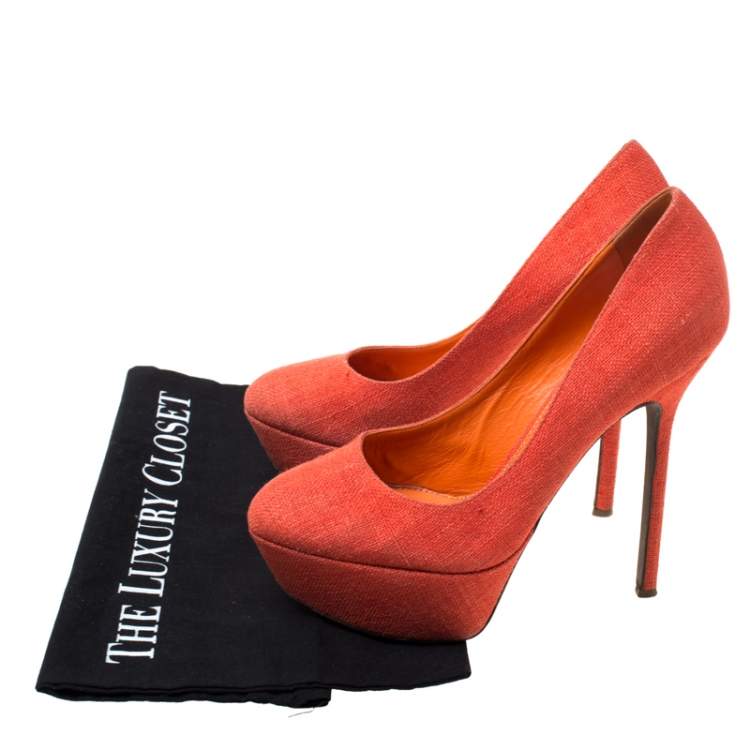 Pre Owned Sergio Rossi Orange Canvas Platform Pumps Size 36.5