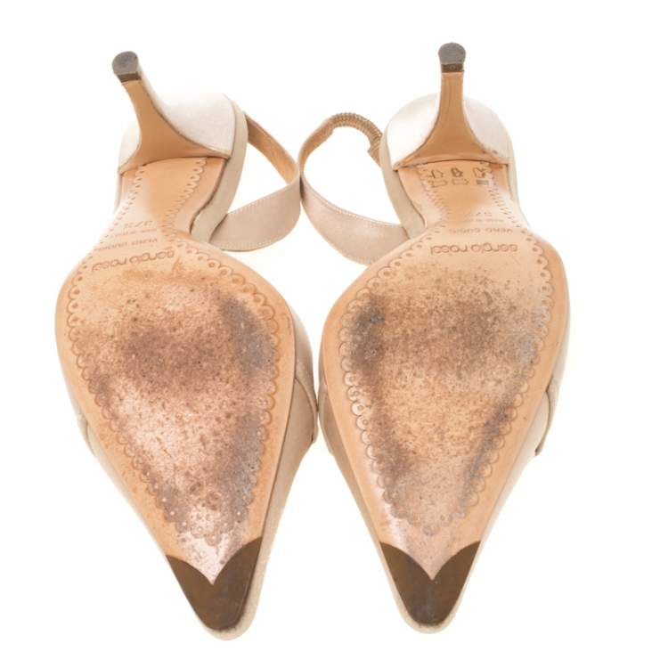 Pre Owned Sergio Rossi Beige Satin Crystal Embellished Pointed Toe Slingback Sandals Size 37.5