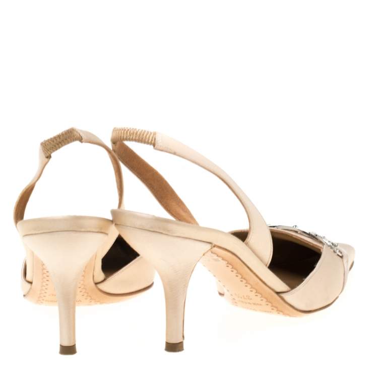 Pre Owned Sergio Rossi Beige Satin Crystal Embellished Pointed Toe Slingback Sandals Size 37.5