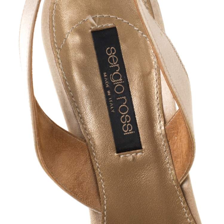 Pre Owned Sergio Rossi Beige Satin Crystal Embellished Pointed Toe Slingback Sandals Size 37.5