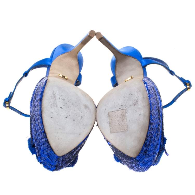 مملوكة مسبقًا Sergio Rossi Blue Sequin Embellished Ankle Strap Platform Sandals Size 37.5