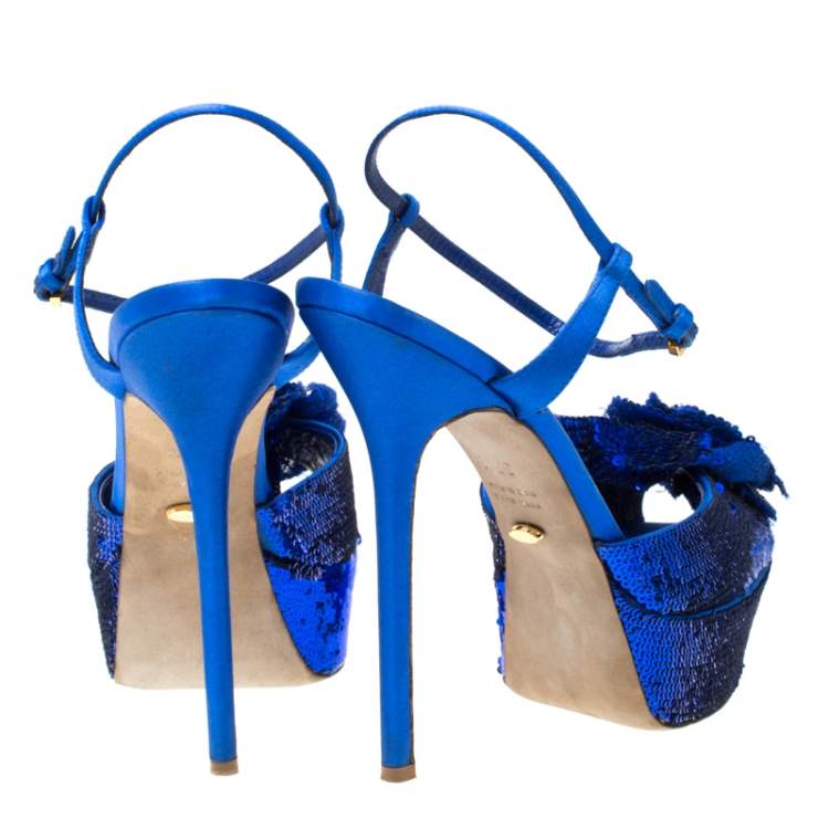 مملوكة مسبقًا Sergio Rossi Blue Sequin Embellished Ankle Strap Platform Sandals Size 37.5