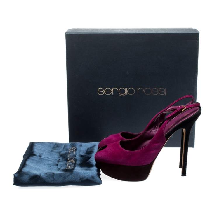 Pre Owned Sergio Rossi Purple Suede Cachet Peep Toe Platform Slingback Sandals Size 38.5