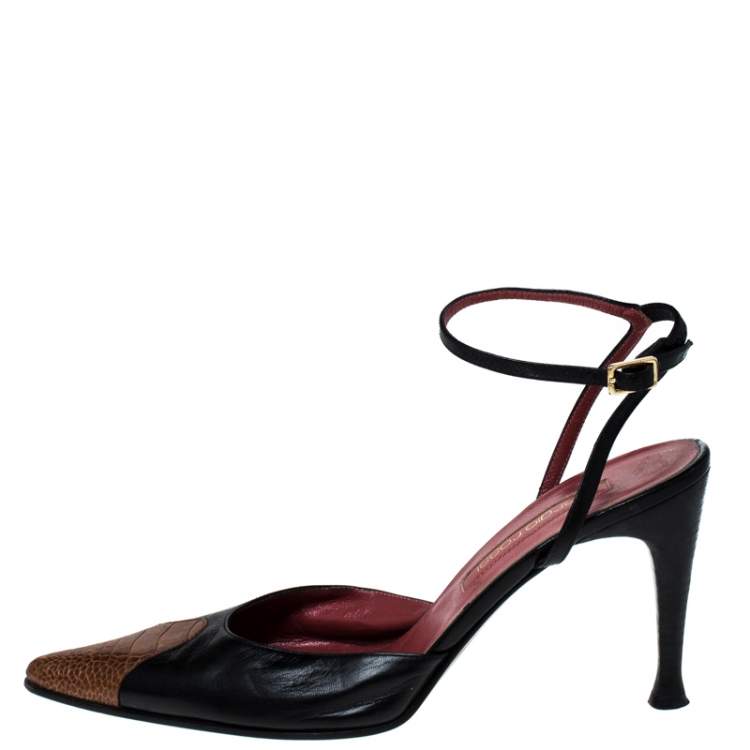 Pre Owned Sergio Rossi Black Leather And Brown Ostrich Trim Pointed Toe Ankle Strap Sandals Size 38.5