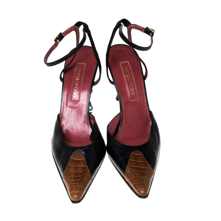 Pre Owned Sergio Rossi Black Leather And Brown Ostrich Trim Pointed Toe Ankle Strap Sandals Size 38.5