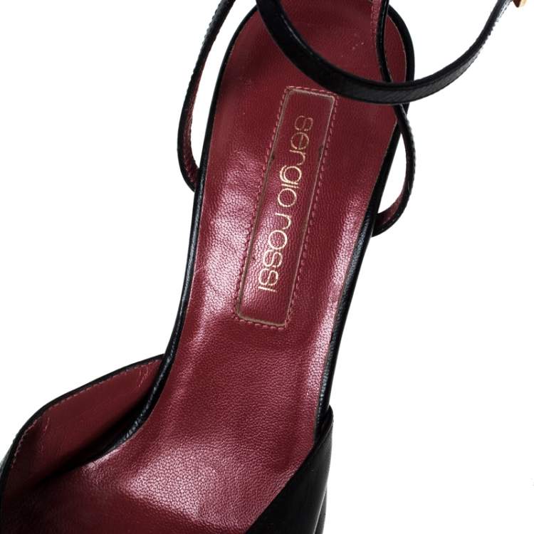 Pre Owned Sergio Rossi Black Leather And Brown Ostrich Trim Pointed Toe Ankle Strap Sandals Size 38.5