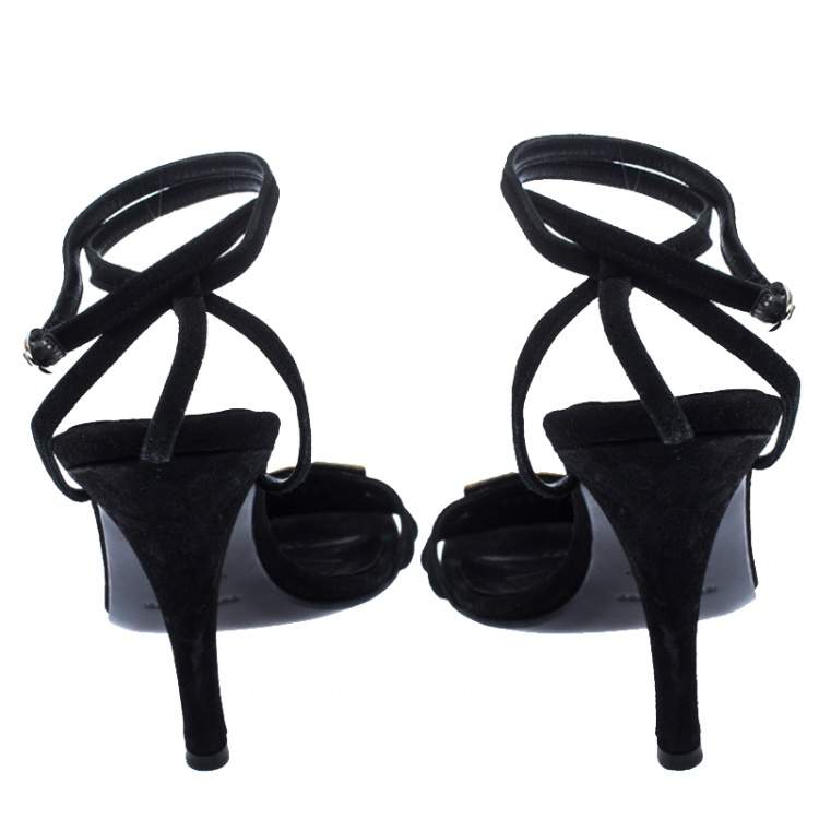 Pre Owned Sergio Rossi Black Suede Mother of Pearl Ankle Wrap Sandals Size 39.5