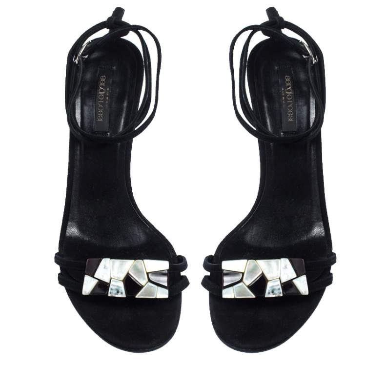 Pre Owned Sergio Rossi Black Suede Mother of Pearl Ankle Wrap Sandals Size 39.5