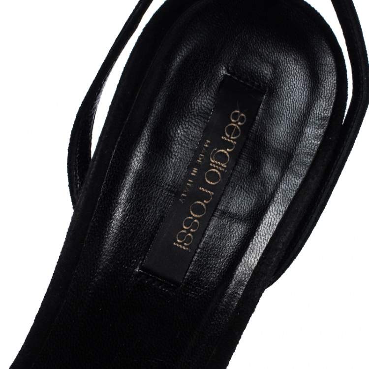 Pre Owned Sergio Rossi Black Suede Mother of Pearl Ankle Wrap Sandals Size 39.5