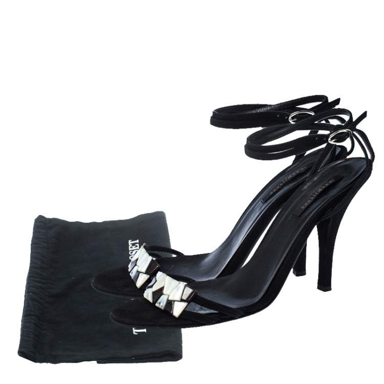 Pre Owned Sergio Rossi Black Suede Mother of Pearl Ankle Wrap Sandals Size 39.5