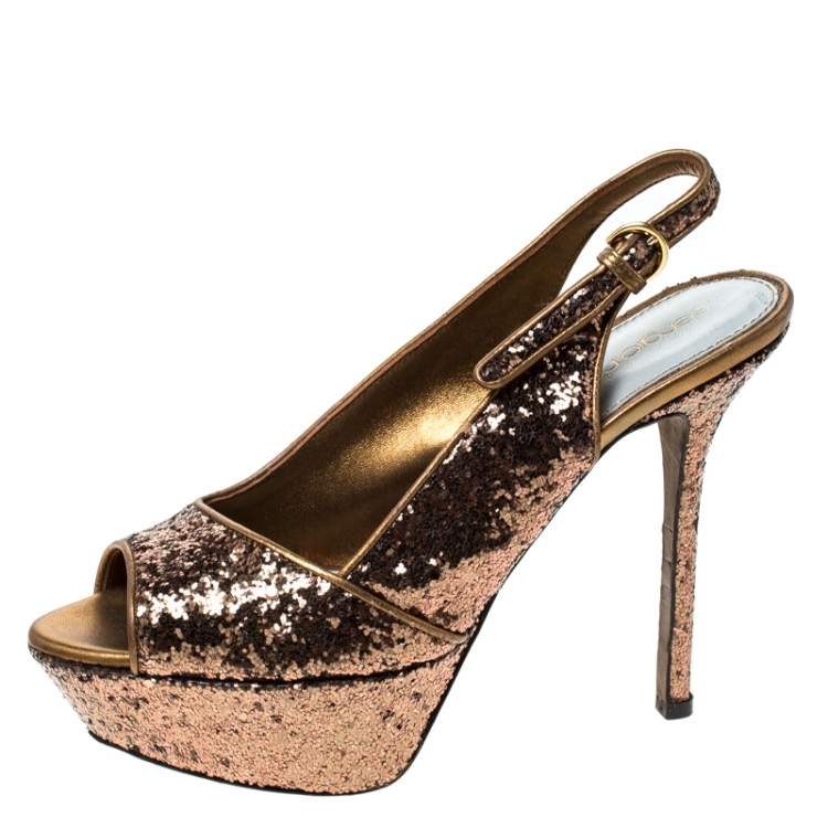 Pre Owned Sergio Rossi Metallic Gold Platform Slingback Peep Toe Sandals Size 36