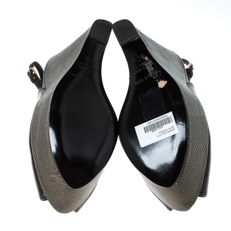 Pre Owned Sergio Rossi Black Leather Slingback Wedge Platform Sandals Size 37.5