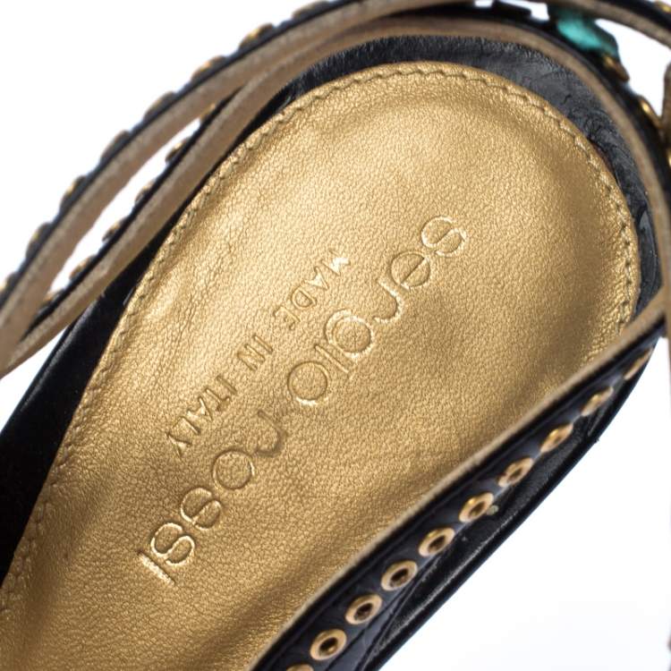 Pre Owned Sergio Black Eyelet Leather Peep Toe Slingback Sandals Size 38
