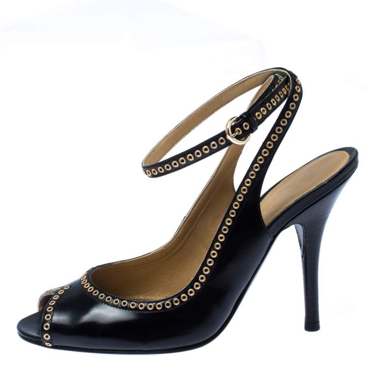 Pre Owned Sergio Black Eyelet Leather Peep Toe Slingback Sandals Size 38